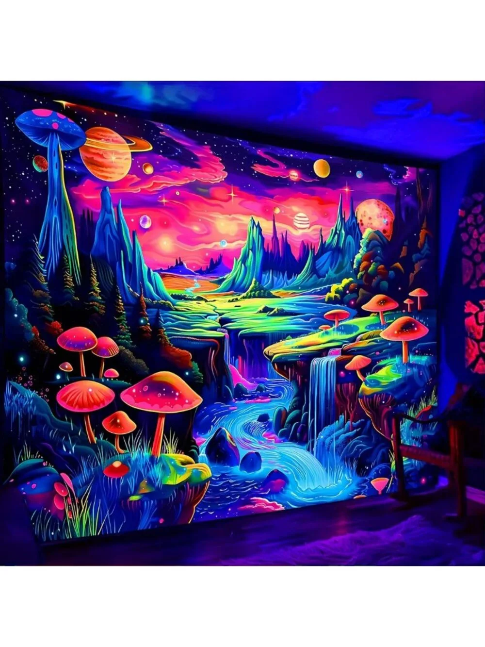 Colorful Galaxy Tapestry, UV Reactive Mushroom & Waterfall Wall Art, Aesthetic